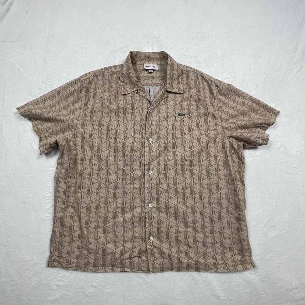 Lacoste Mens Monogram Shirt Sz M/L FR41 Geometric AOP Short Sleeve Button Beige